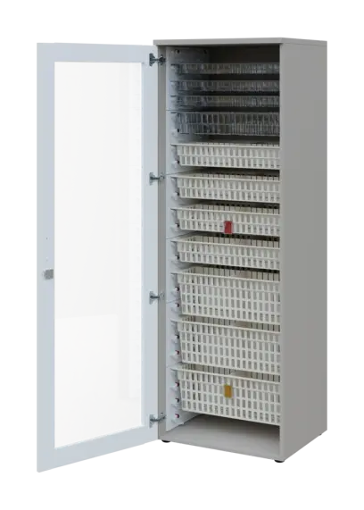 EUROMEDICA S - 66 skříň léková boxová, 1-dveřová/prosklená, levá, 1950x660x535, korpus šedý, dvířka bílá